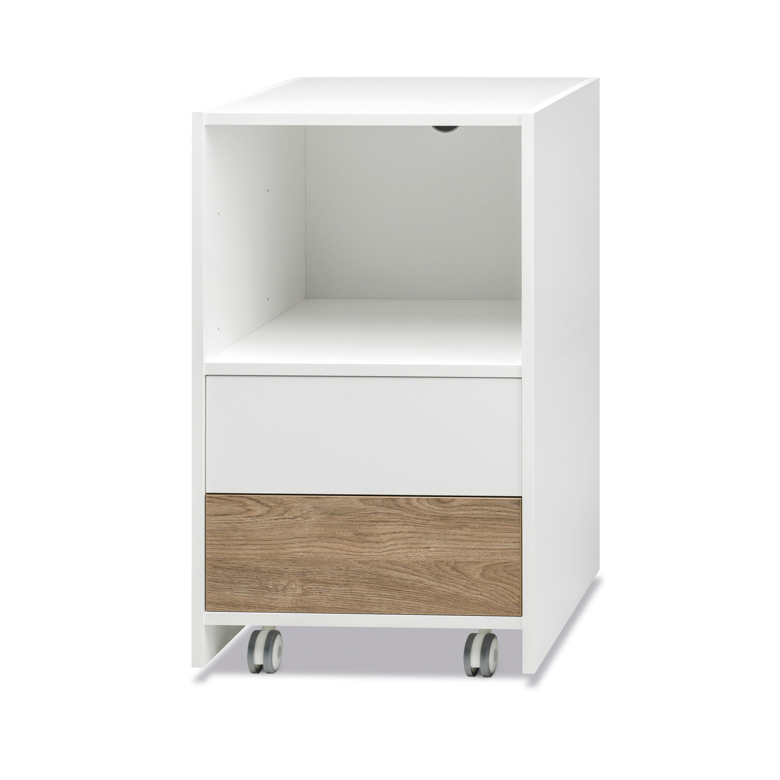 Wooden chest of drawers with exposed shelf and 2 drawers