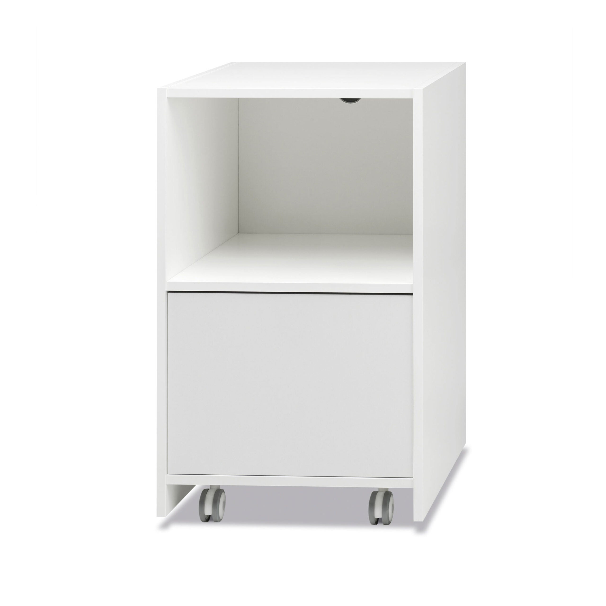 Design wooden chest of drawers with exposed shelf and high drawer