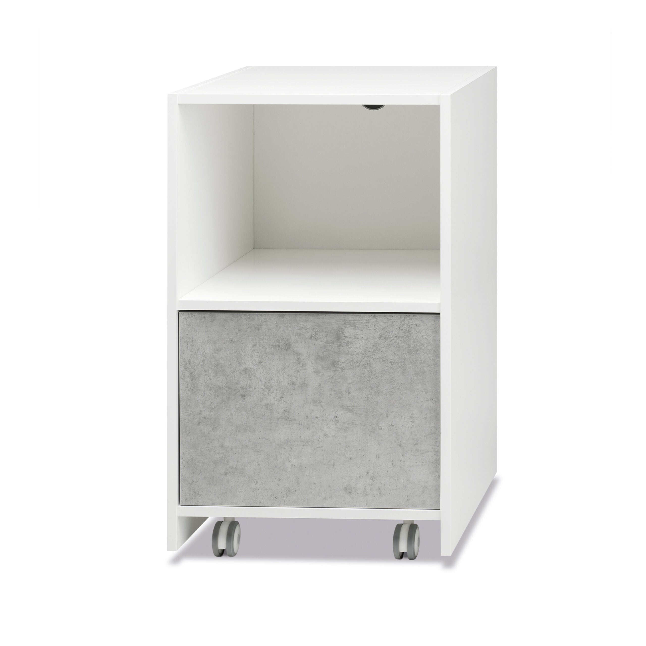 Design wooden chest of drawers with exposed shelf and high drawer