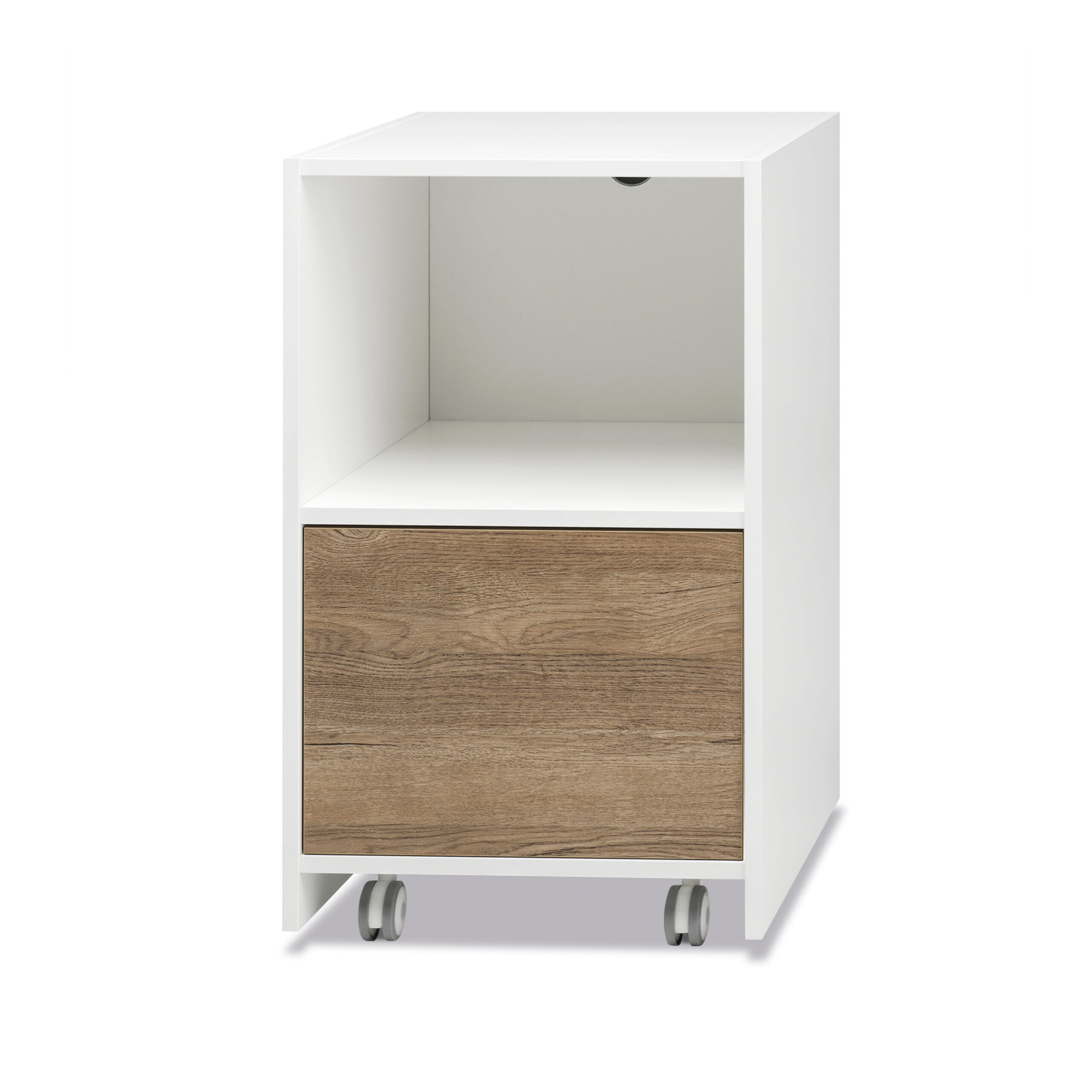 Design wooden chest of drawers with exposed shelf and high drawer