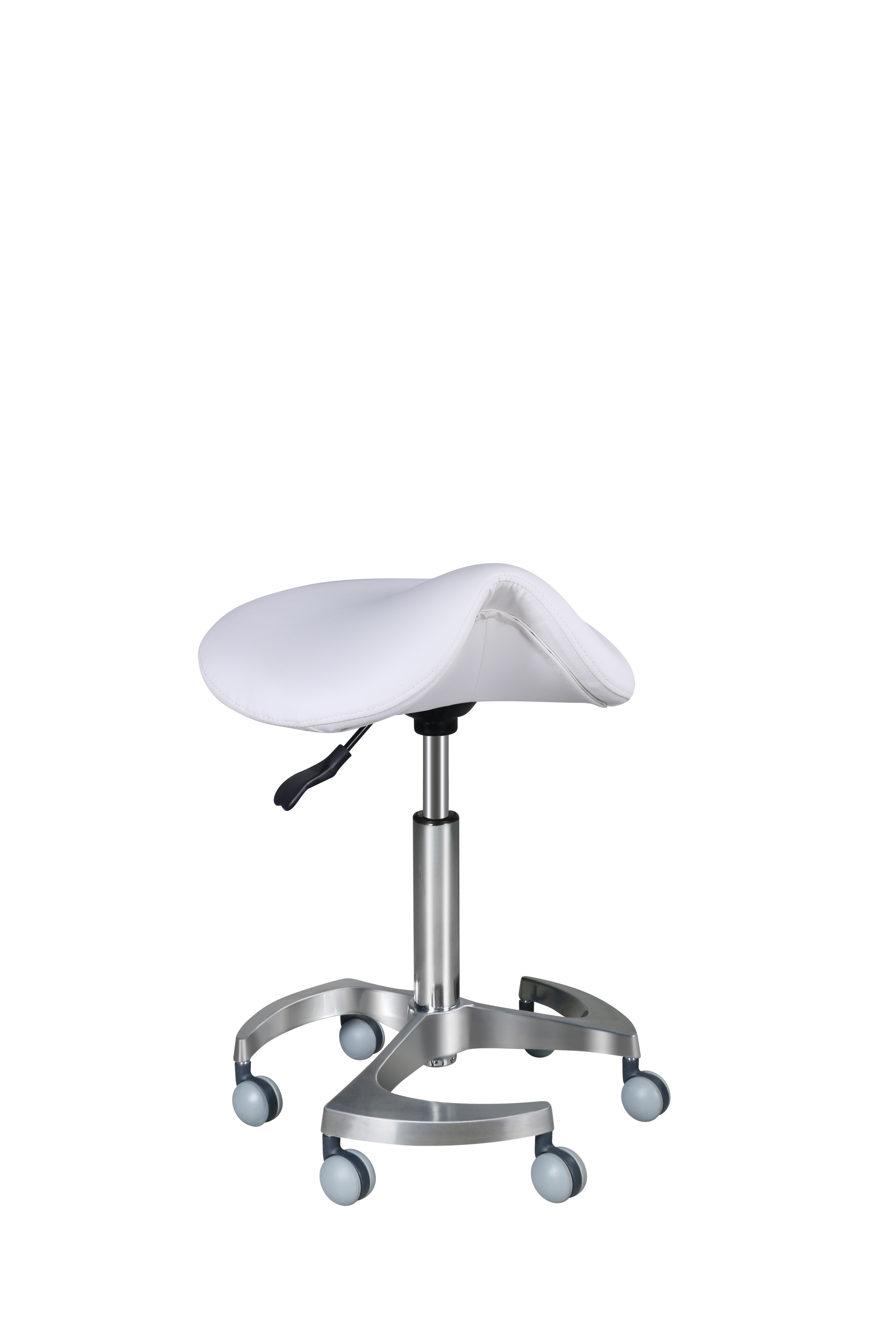 Sgabello a sella con base piroettante in acciaio.