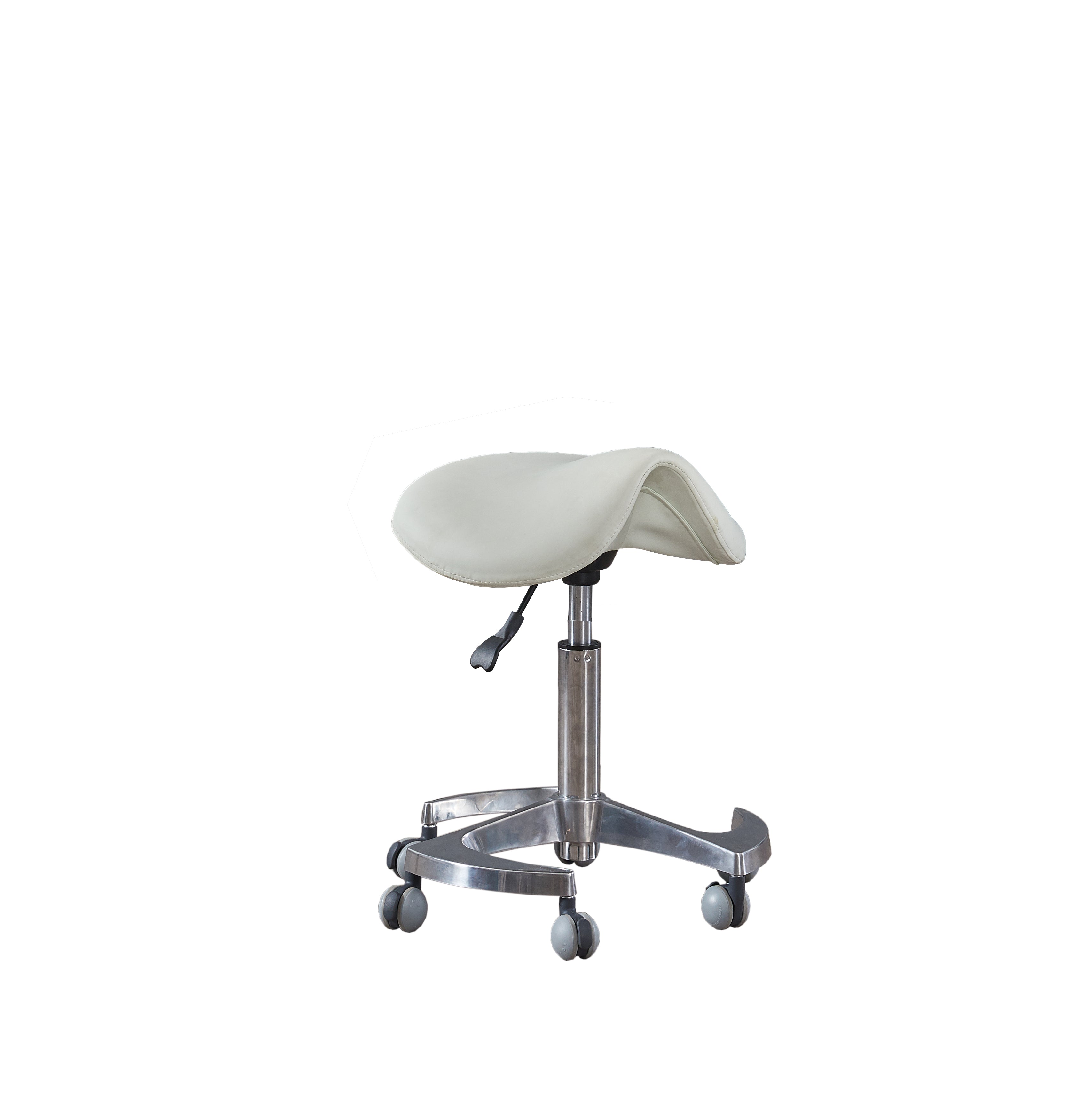 Sgabello a sella con base piroettante in acciaio.
