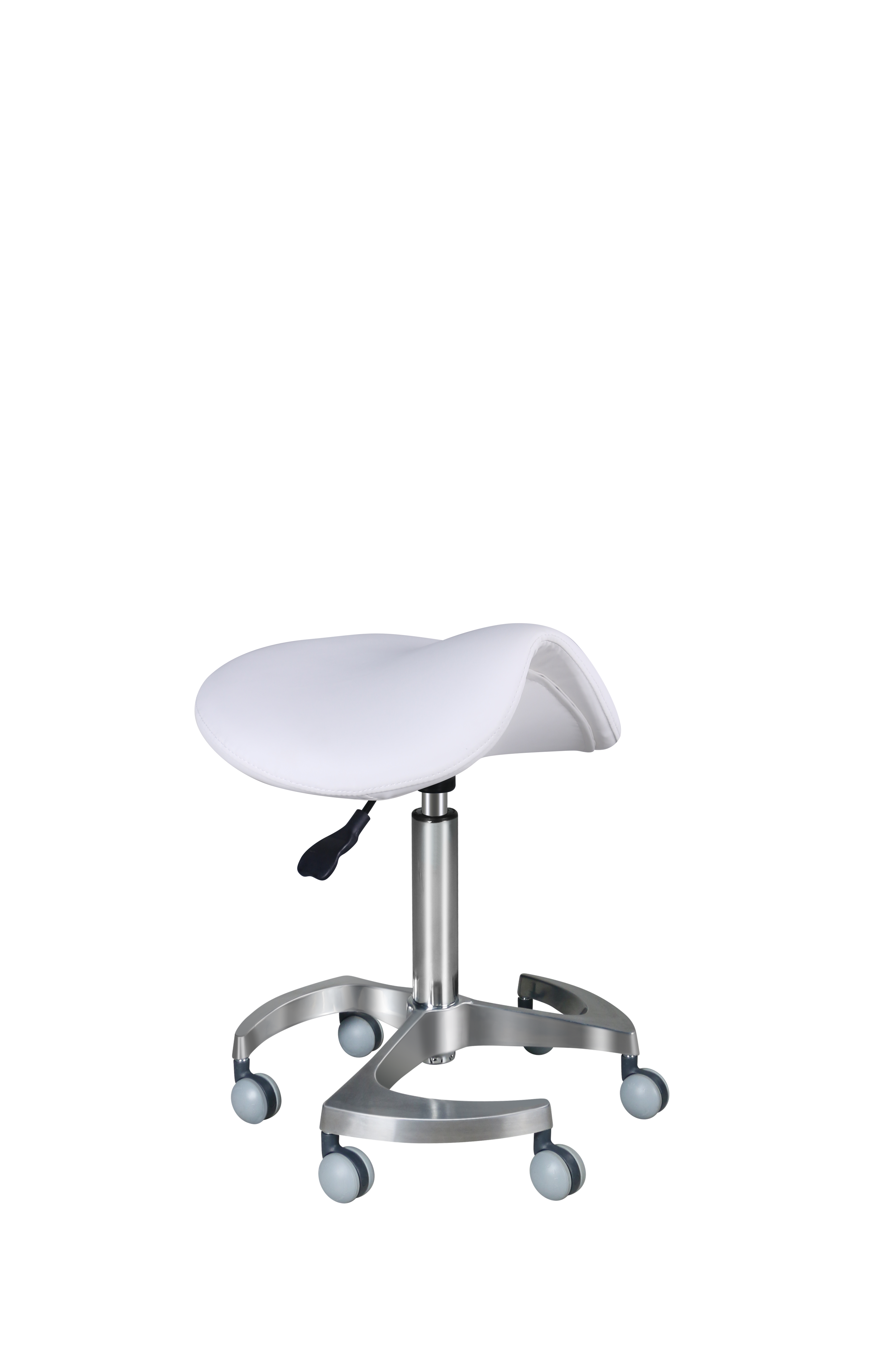 Sgabello a sella con base piroettante in acciaio.