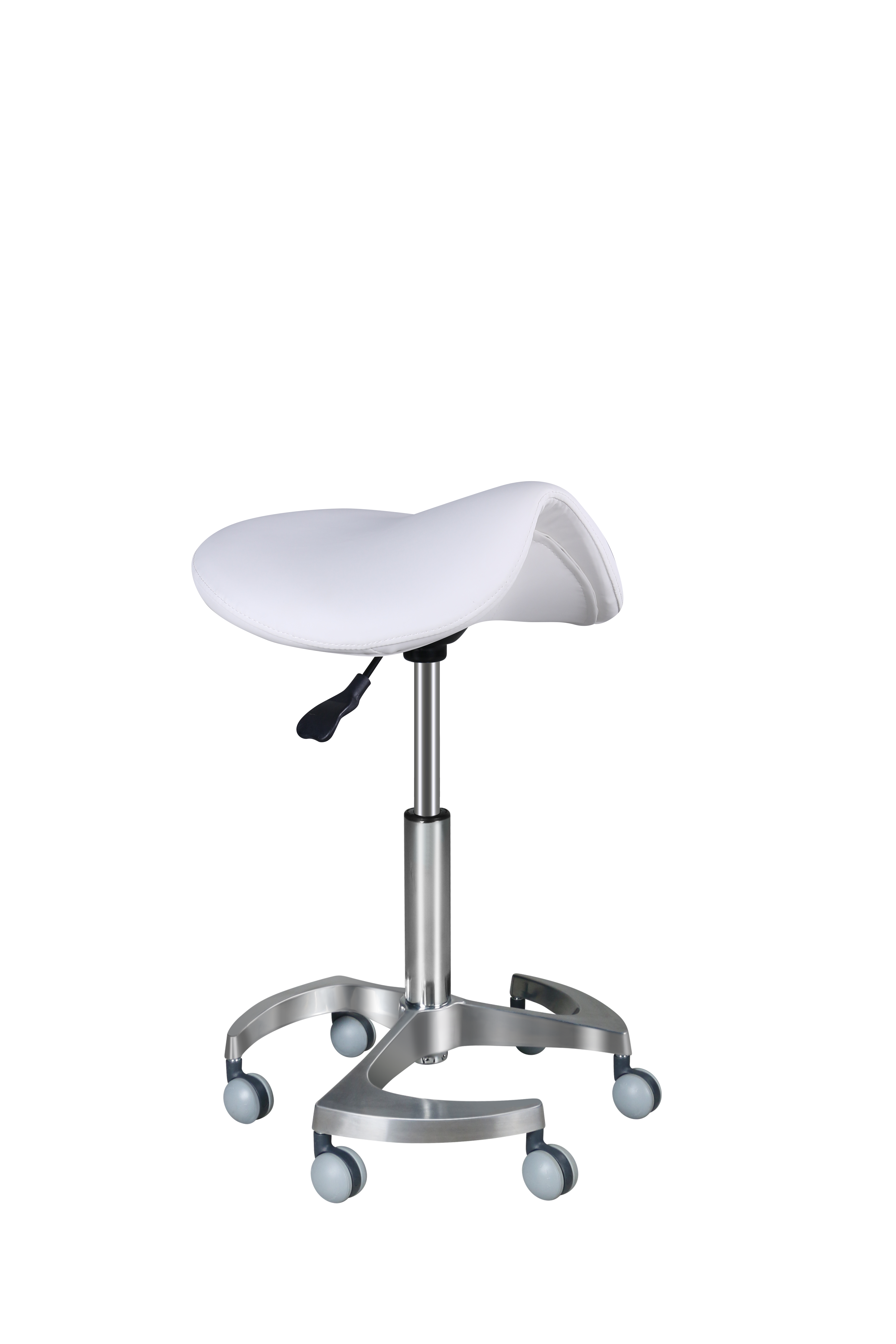 Sgabello a sella con base piroettante in acciaio.