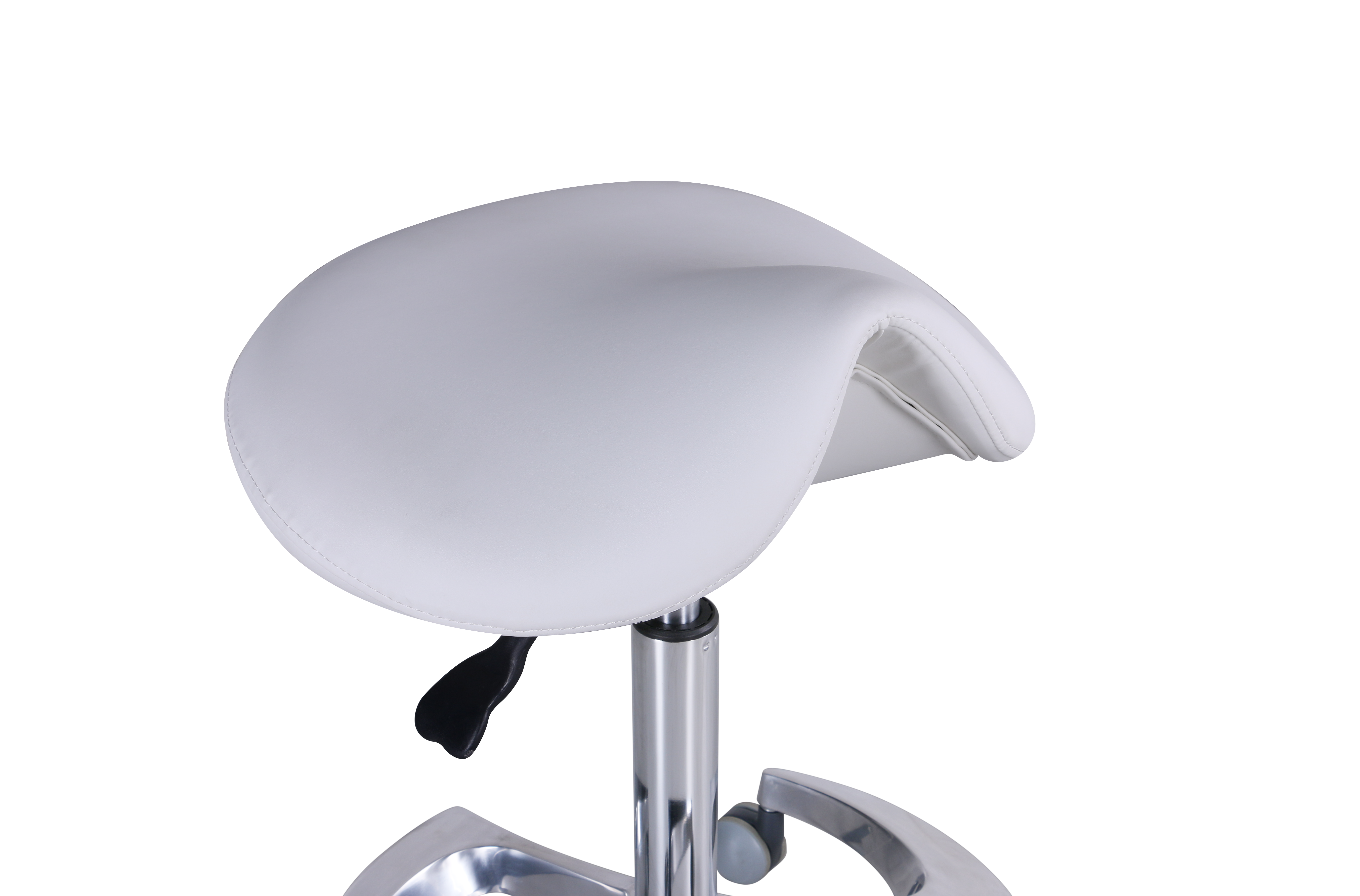 Sgabello a sella con base piroettante in acciaio.