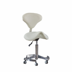 Saddle stool with height-adjustable backrest and swivel steel base.