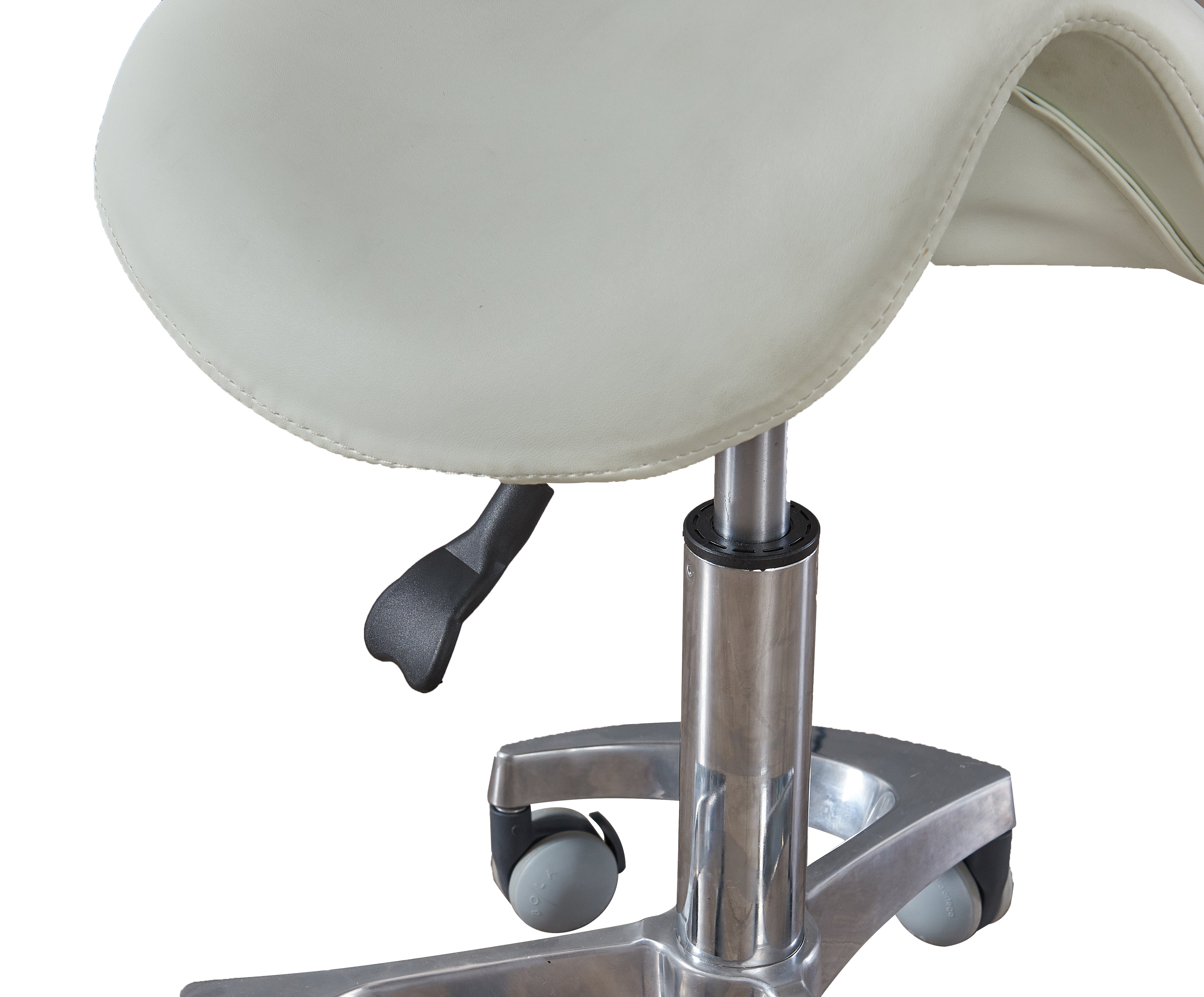 Sgabello a sella con schienale regolabile in altezza e base piroettante in acciaio.