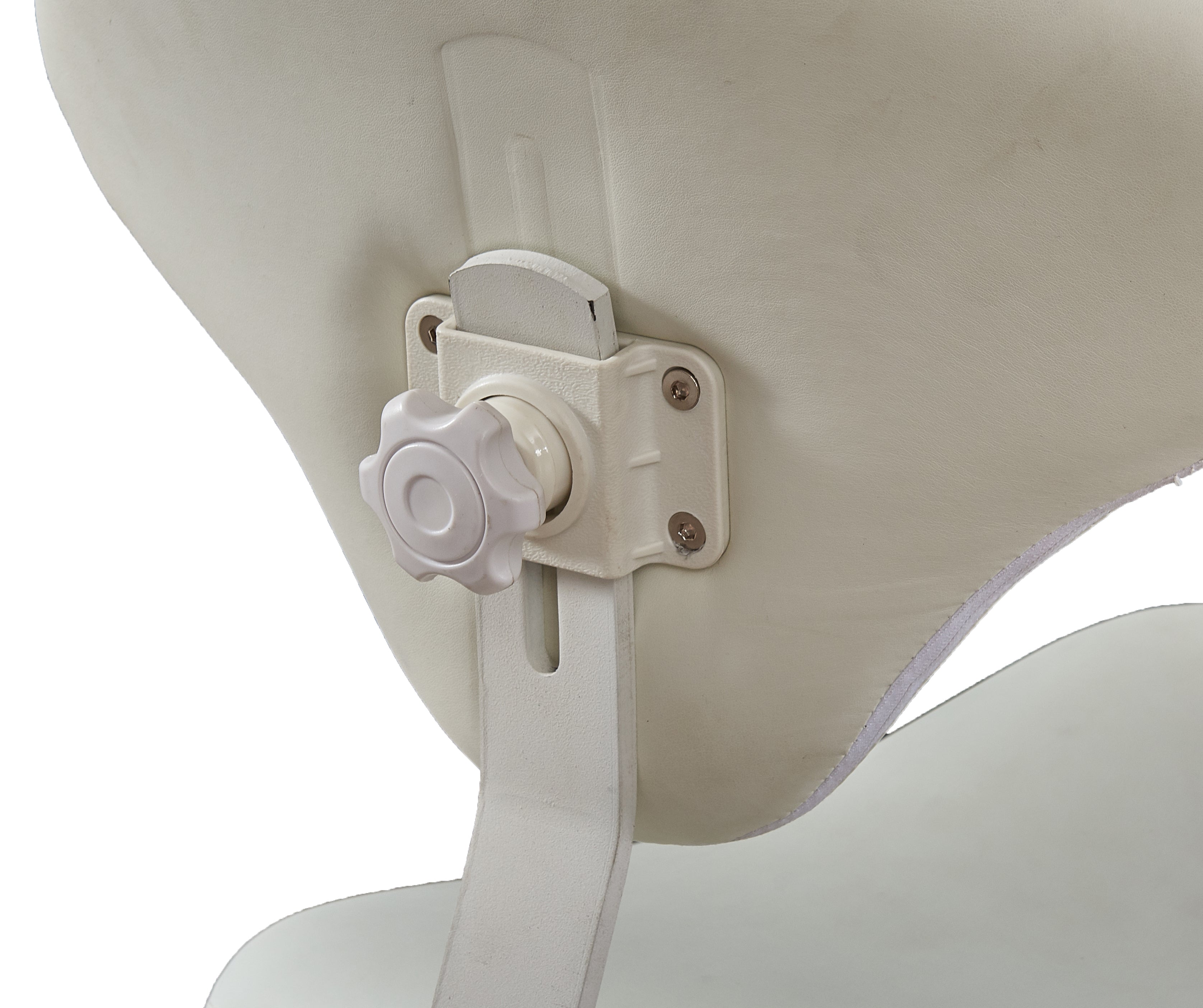 Sgabello a sella con schienale regolabile in altezza e base piroettante in acciaio.