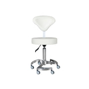 Round stool with height-adjustable backrest and swivel steel base.