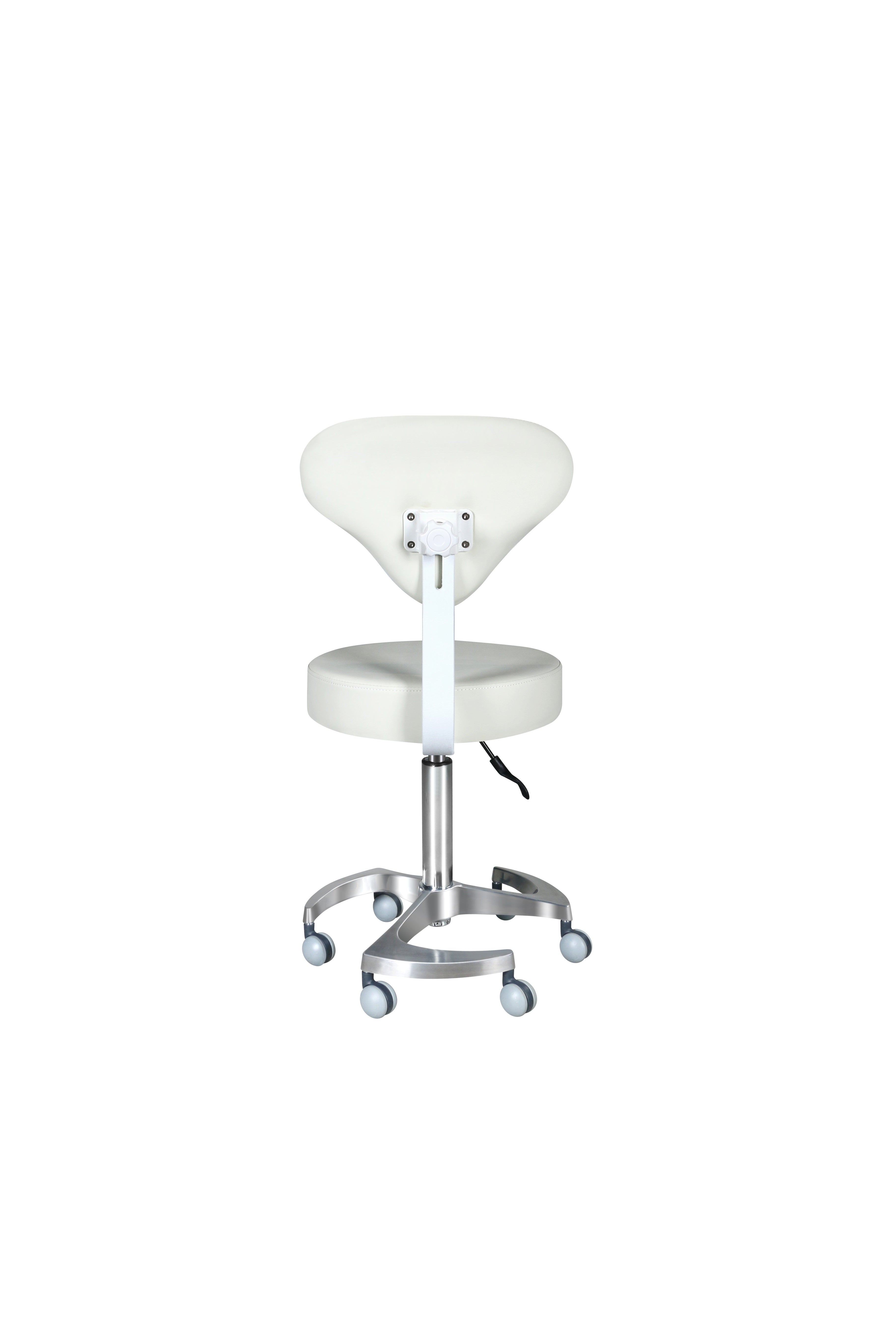 Round stool with height-adjustable backrest and swivel steel base.
