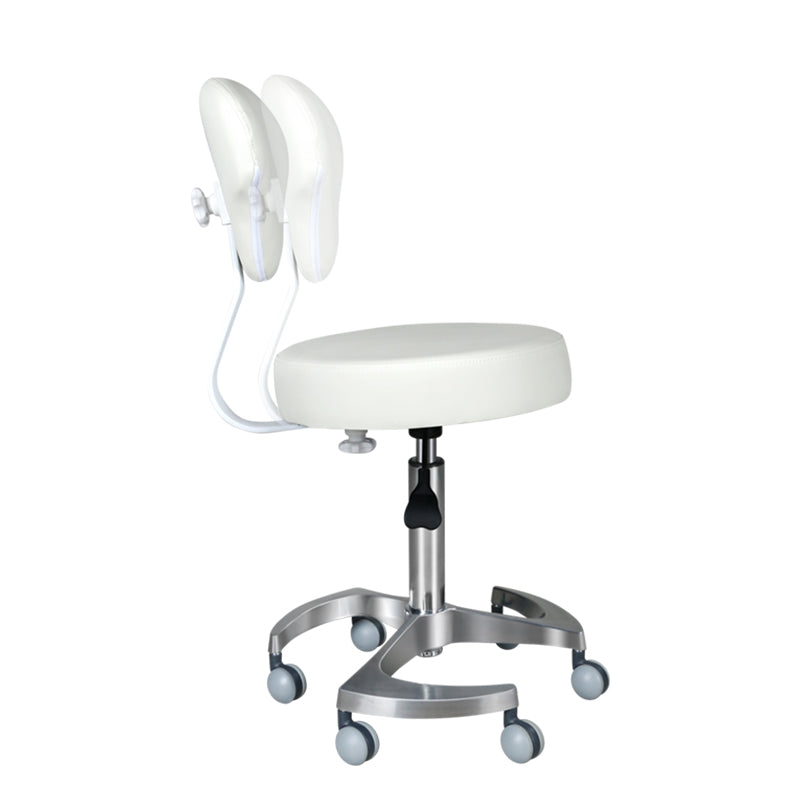 Round stool with height-adjustable backrest and swivel steel base.