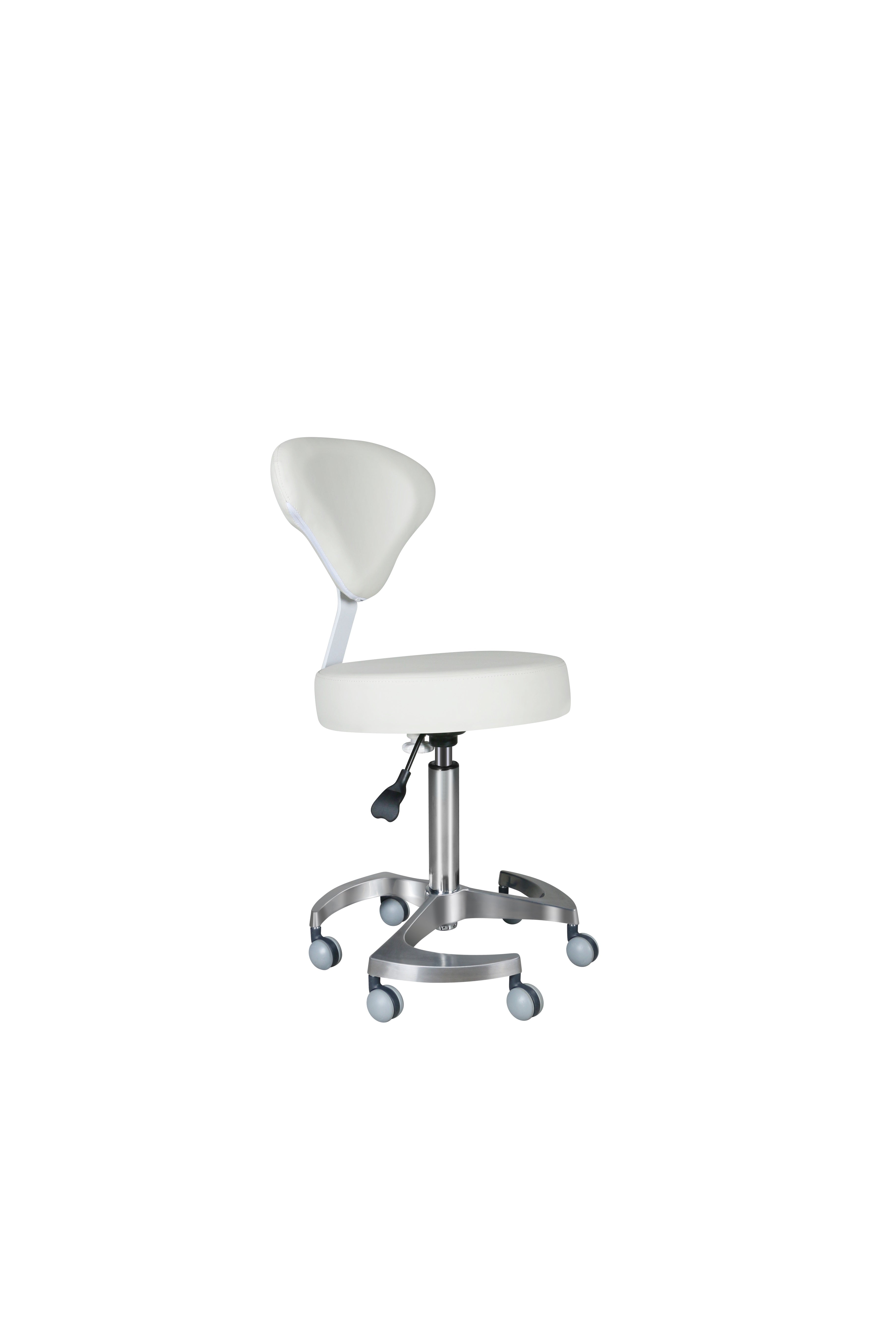 Round stool with height-adjustable backrest and swivel steel base.