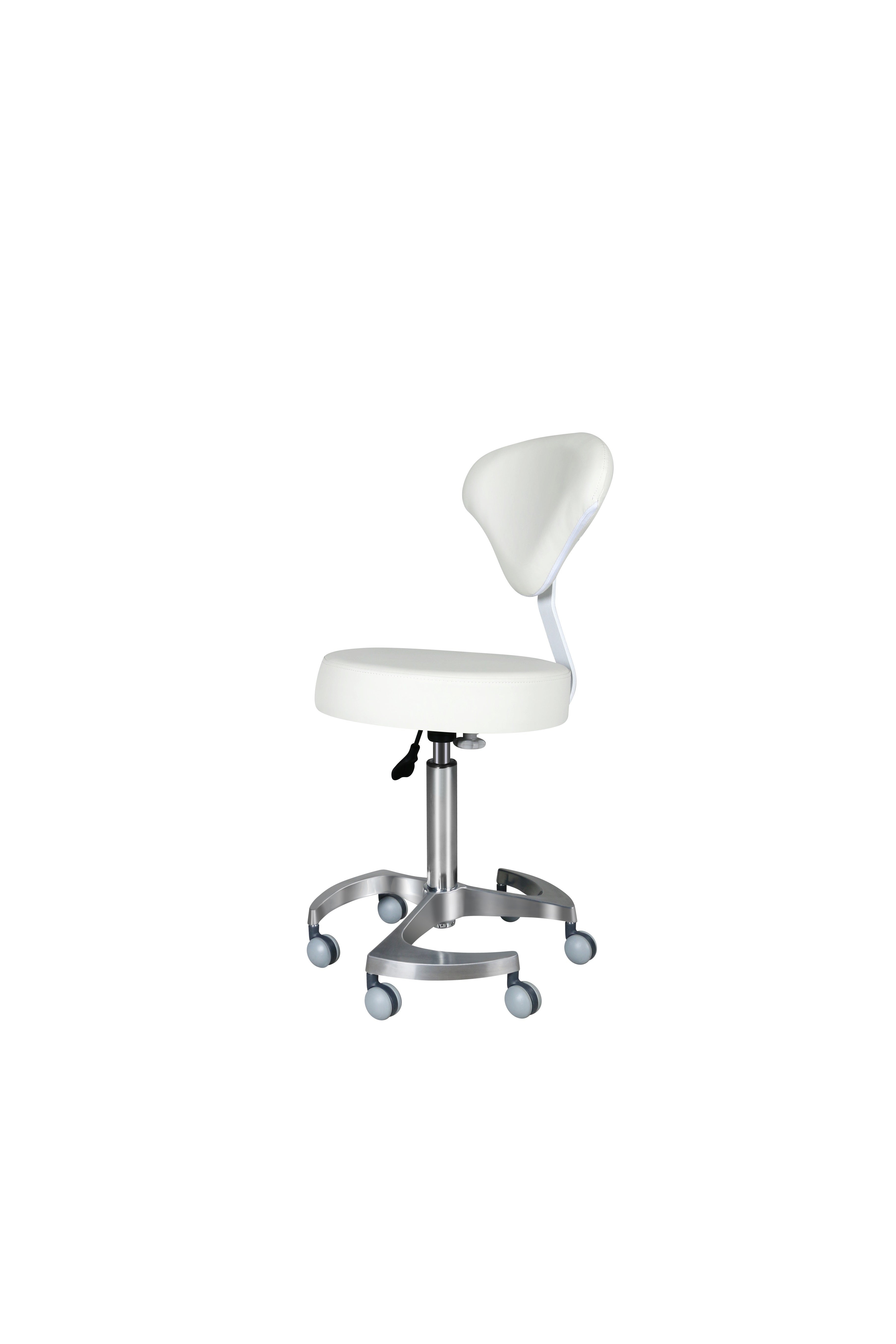 Round stool with height-adjustable backrest and swivel steel base.