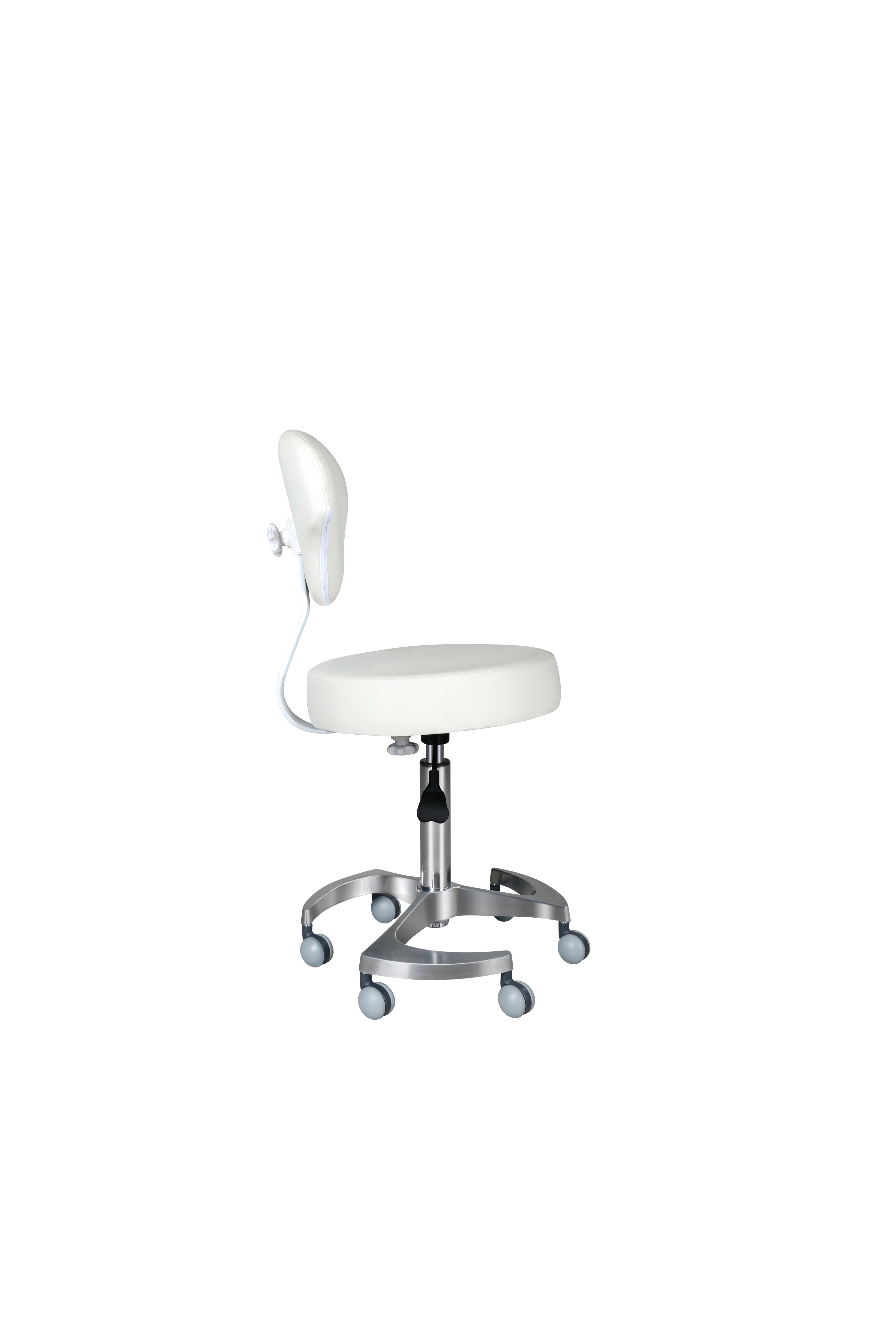 Round stool with height-adjustable backrest and swivel steel base.