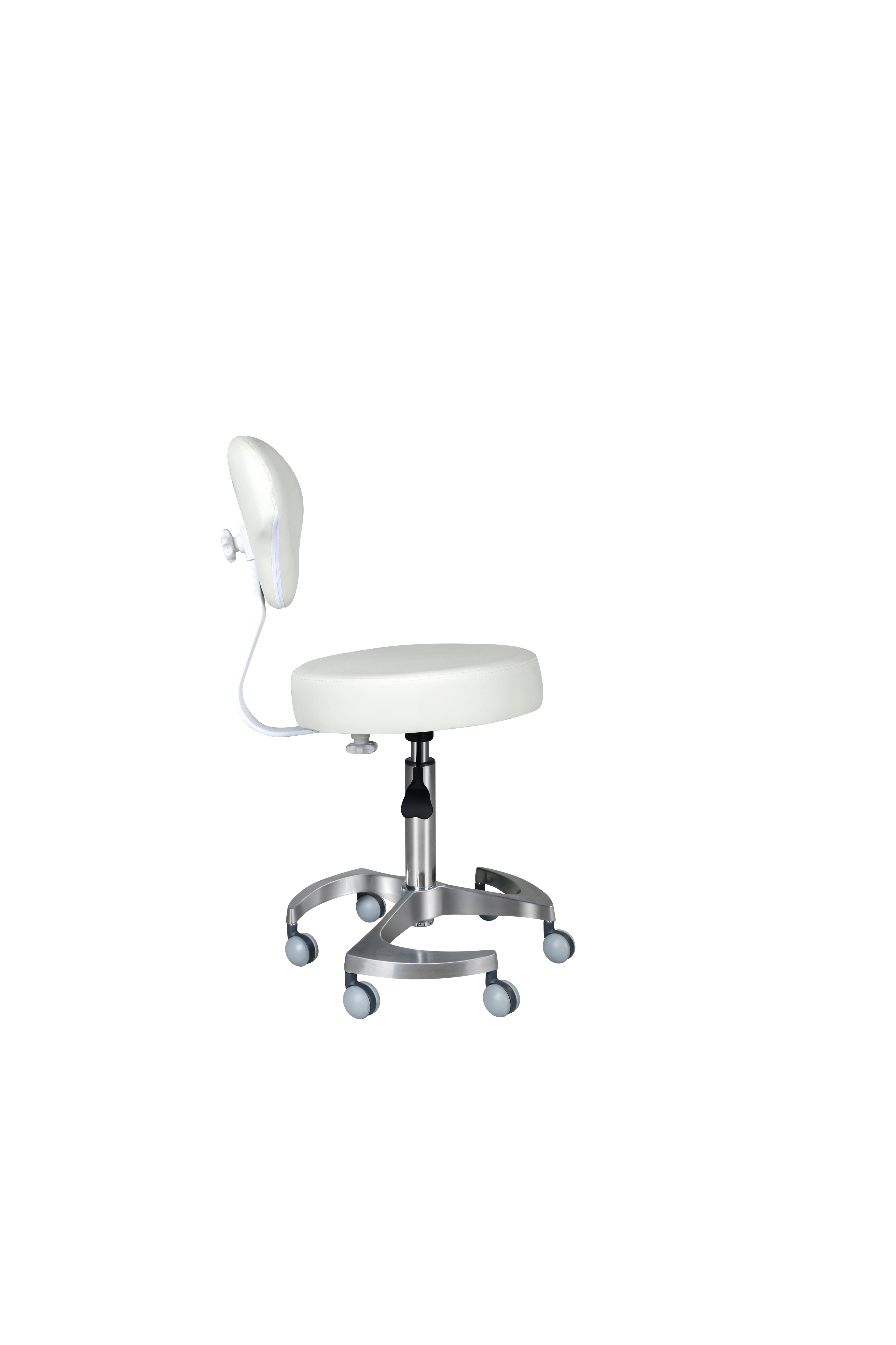Round stool with height-adjustable backrest and swivel steel base.