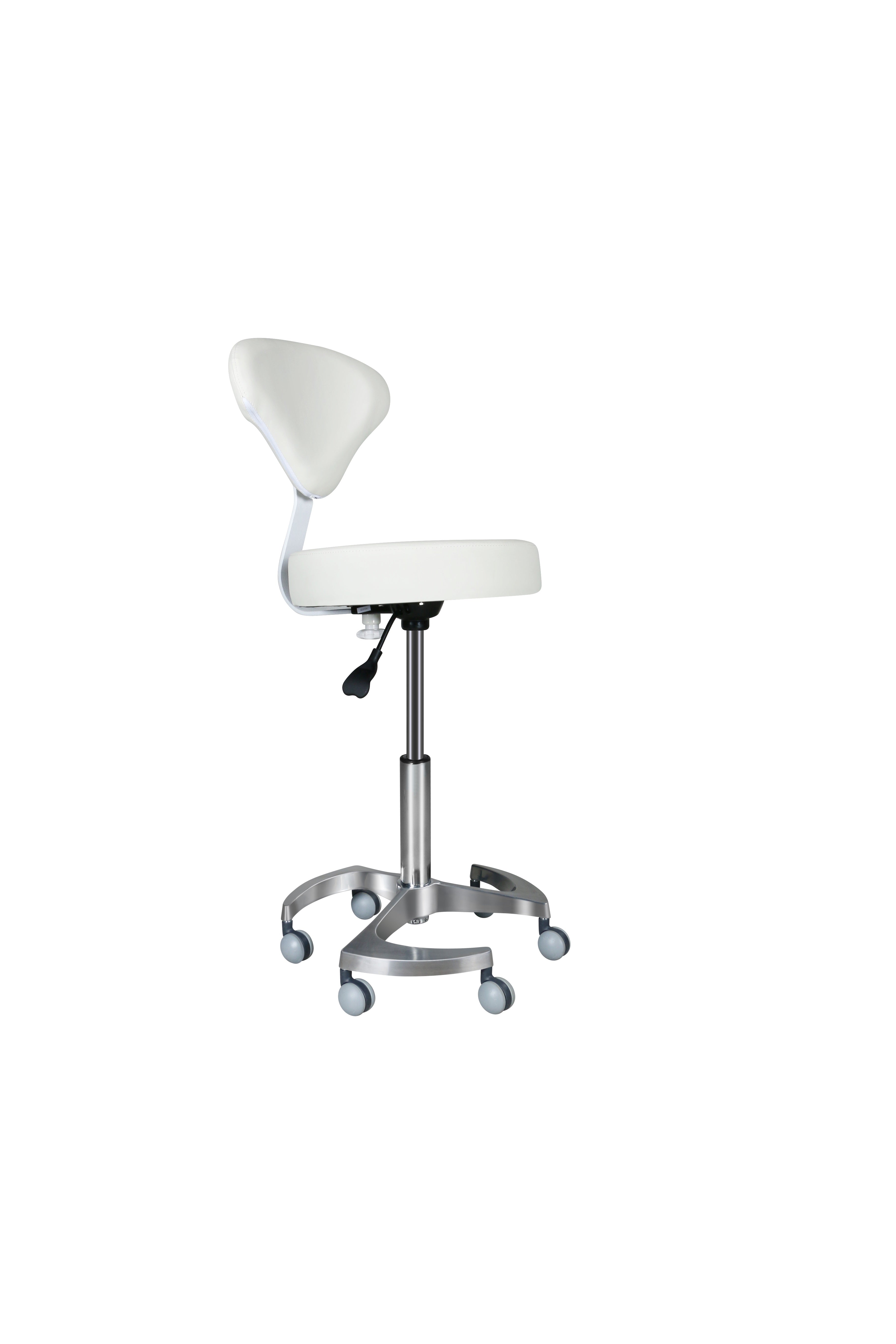 Round stool with height-adjustable backrest and swivel steel base.