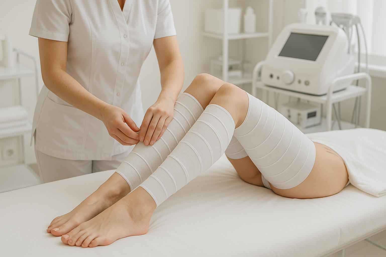 gambe di donna su un lettino all'interno di un centro estetico. Gambe bendate con bendaggi a freddo