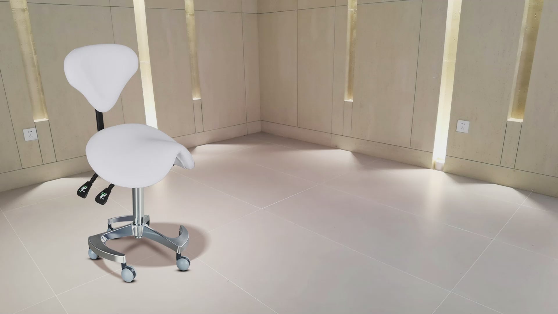 Load video: Round stool with height-adjustable backrest and swivel steel base.
