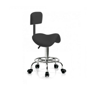 Saddle Stool with Backrest in Black Faux Leather